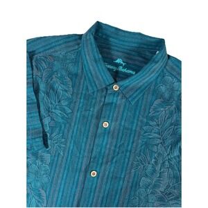Tommy Bahama Teal Blue Floral Hawaiian Shirt 100% Silk Tropical Beach Men's XL